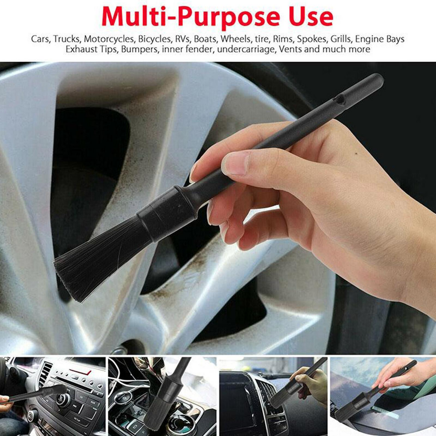 5PC Car Detailing Brush Kit Boar Hair Vehicle Auto Interior For Wheel